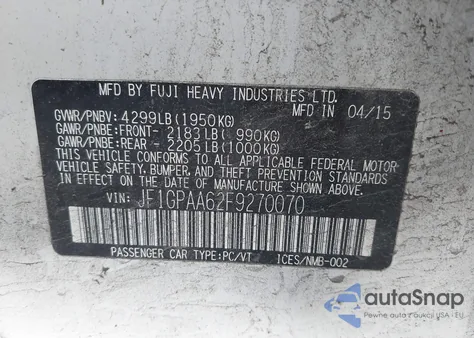 2015 Subaru Impreza from USA, damaged, VIN JF1GPAA62F9270070